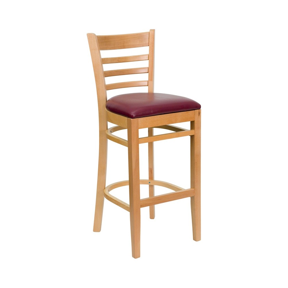 Ladder Back Natural Wood Restaurant Barstool - Burgundy Vinyl Seat