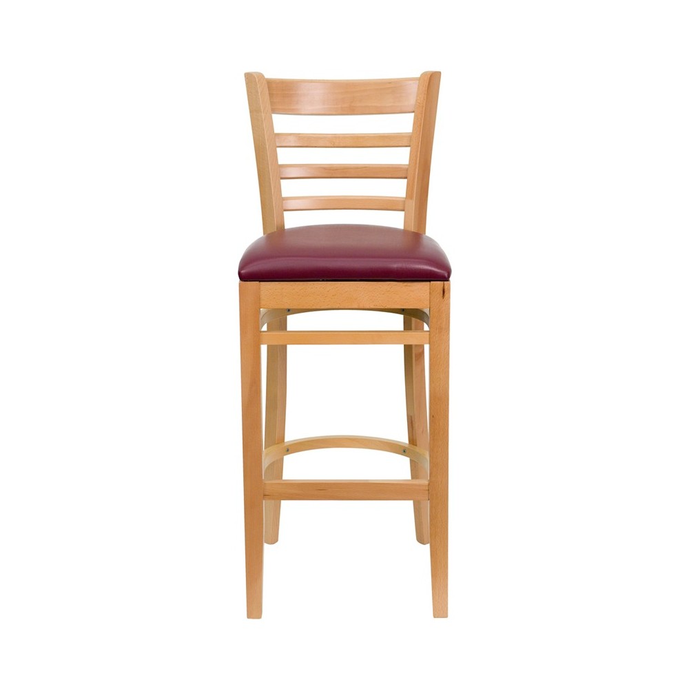 Ladder Back Natural Wood Restaurant Barstool - Burgundy Vinyl Seat
