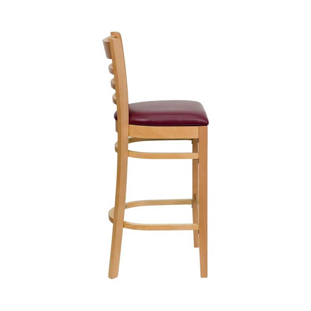 Ladder Back Natural Wood Restaurant Barstool - Burgundy Vinyl Seat