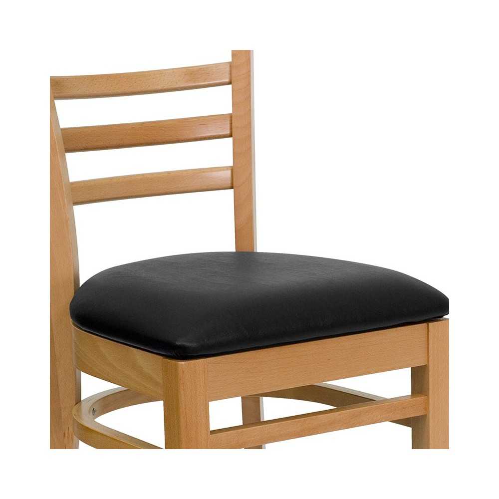 Ladder Back Natural Wood Restaurant Chair - Black Vinyl Seat