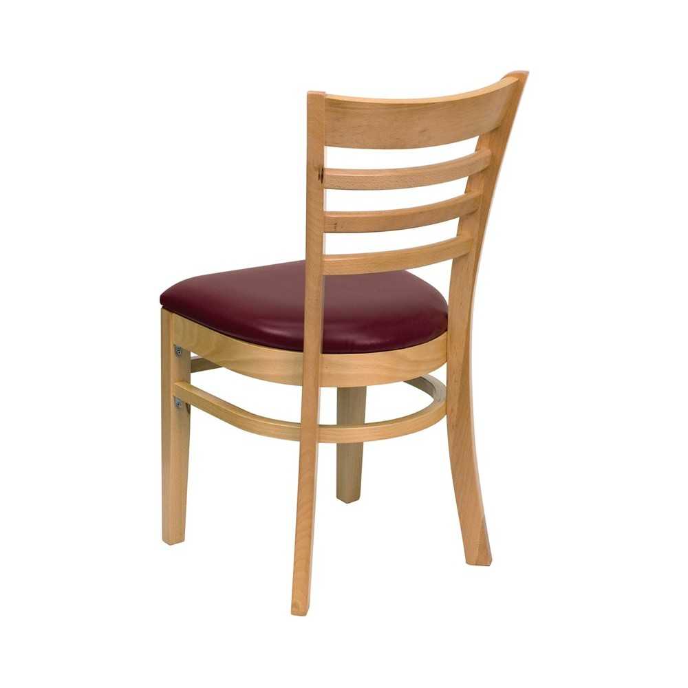 Ladder Back Natural Wood Restaurant Chair - Burgundy Vinyl Seat
