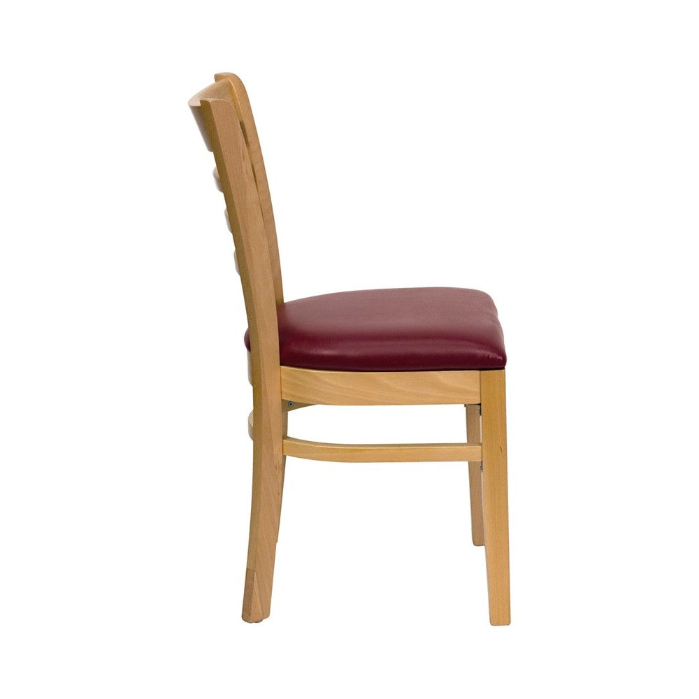 Ladder Back Natural Wood Restaurant Chair - Burgundy Vinyl Seat