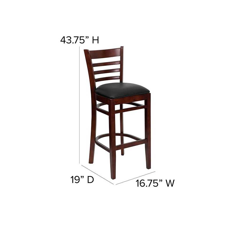 Ladder Back Walnut Wood Restaurant Barstool - Black Vinyl Seat