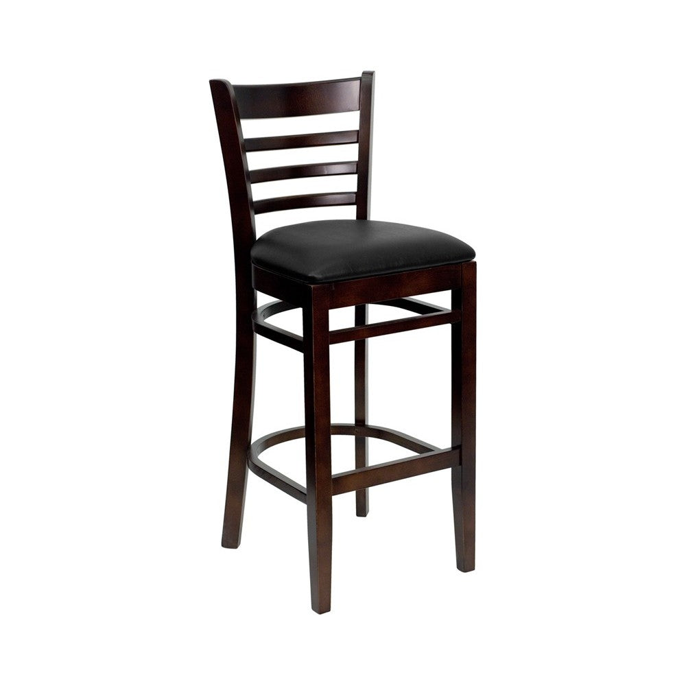 Ladder Back Walnut Wood Restaurant Barstool - Black Vinyl Seat