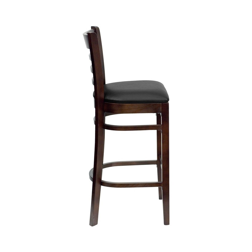 Ladder Back Walnut Wood Restaurant Barstool - Black Vinyl Seat