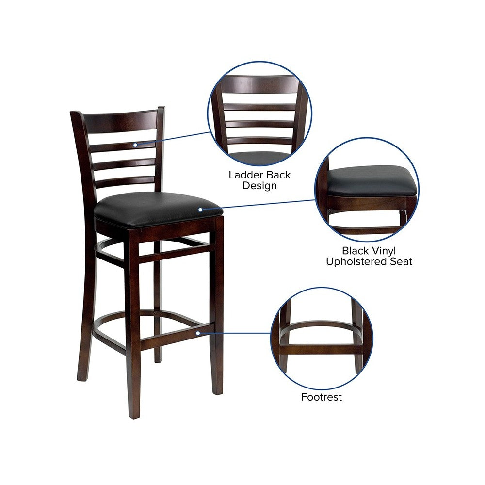 Ladder Back Walnut Wood Restaurant Barstool - Black Vinyl Seat