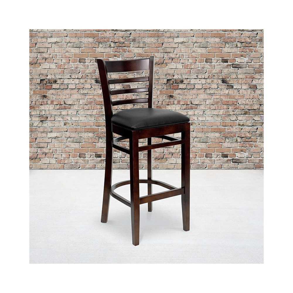 Ladder Back Walnut Wood Restaurant Barstool - Black Vinyl Seat