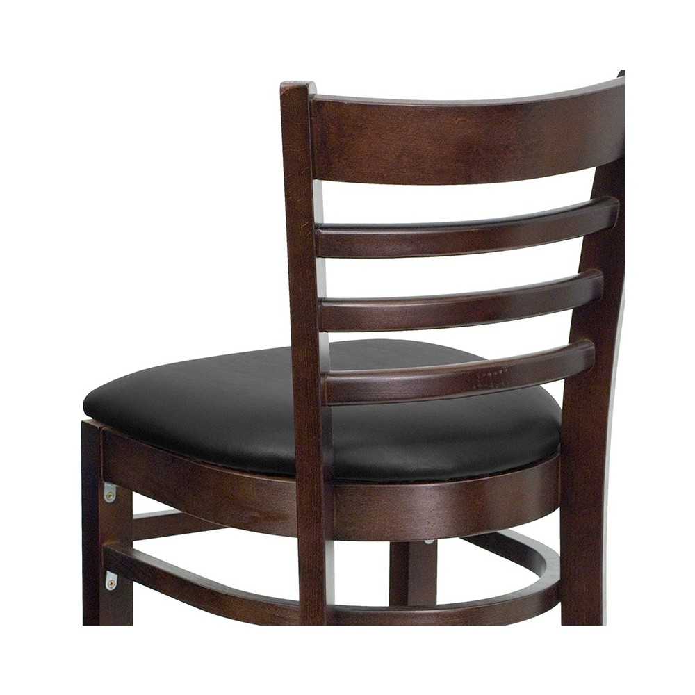 Ladder Back Walnut Wood Restaurant Barstool - Black Vinyl Seat