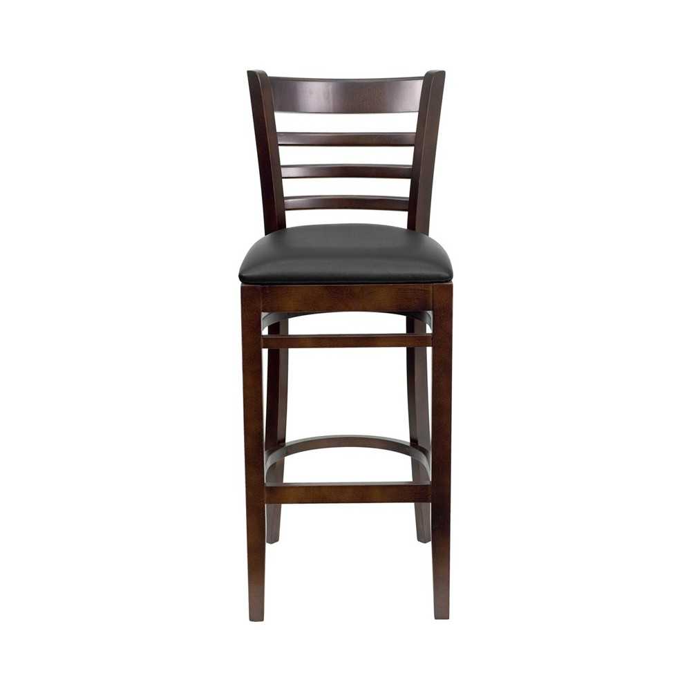 Ladder Back Walnut Wood Restaurant Barstool - Black Vinyl Seat