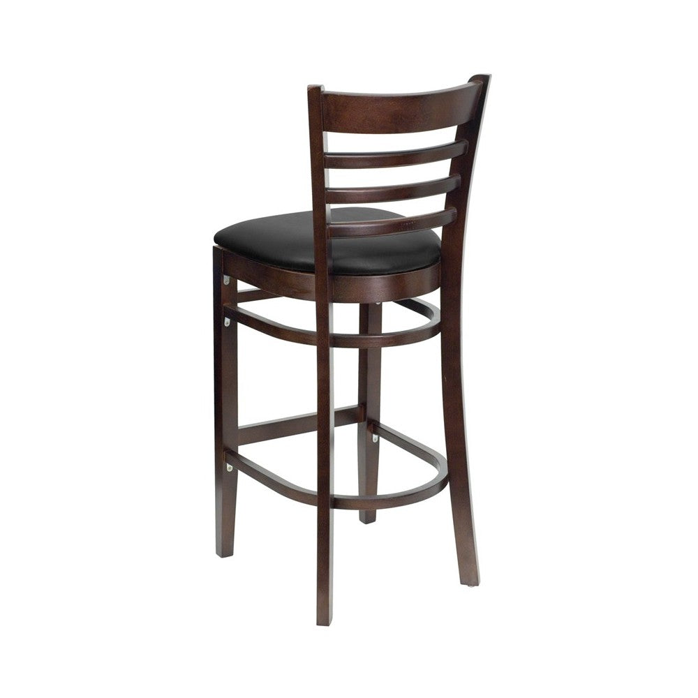 Ladder Back Walnut Wood Restaurant Barstool - Black Vinyl Seat