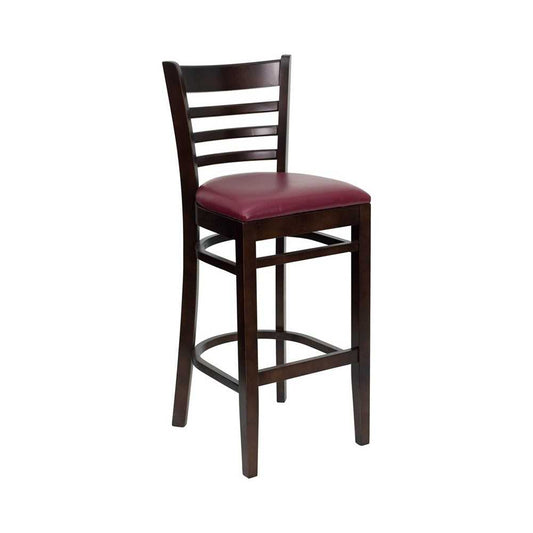 Ladder Back Walnut Wood Restaurant Barstool - Burgundy Vinyl Seat