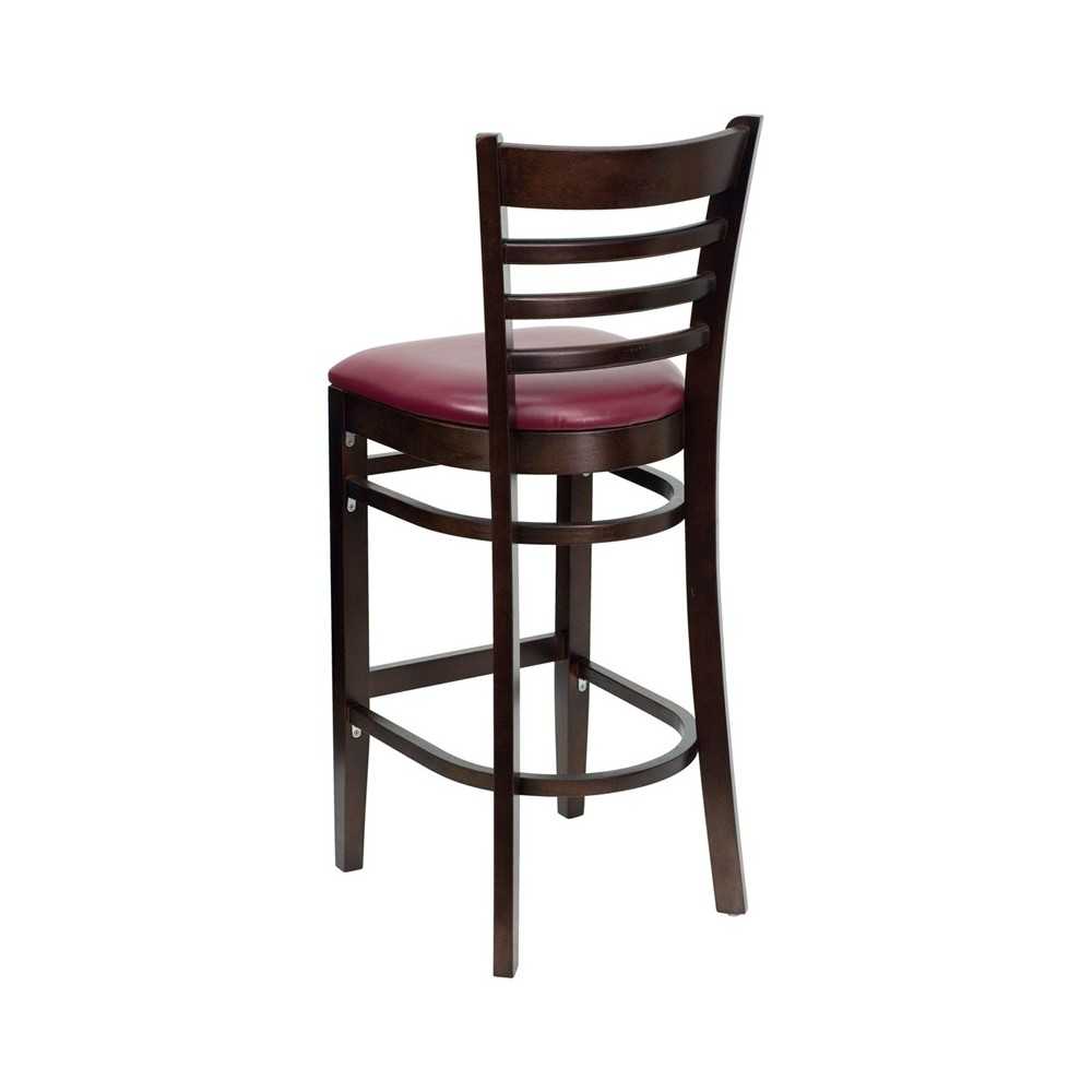 Ladder Back Walnut Wood Restaurant Barstool - Burgundy Vinyl Seat