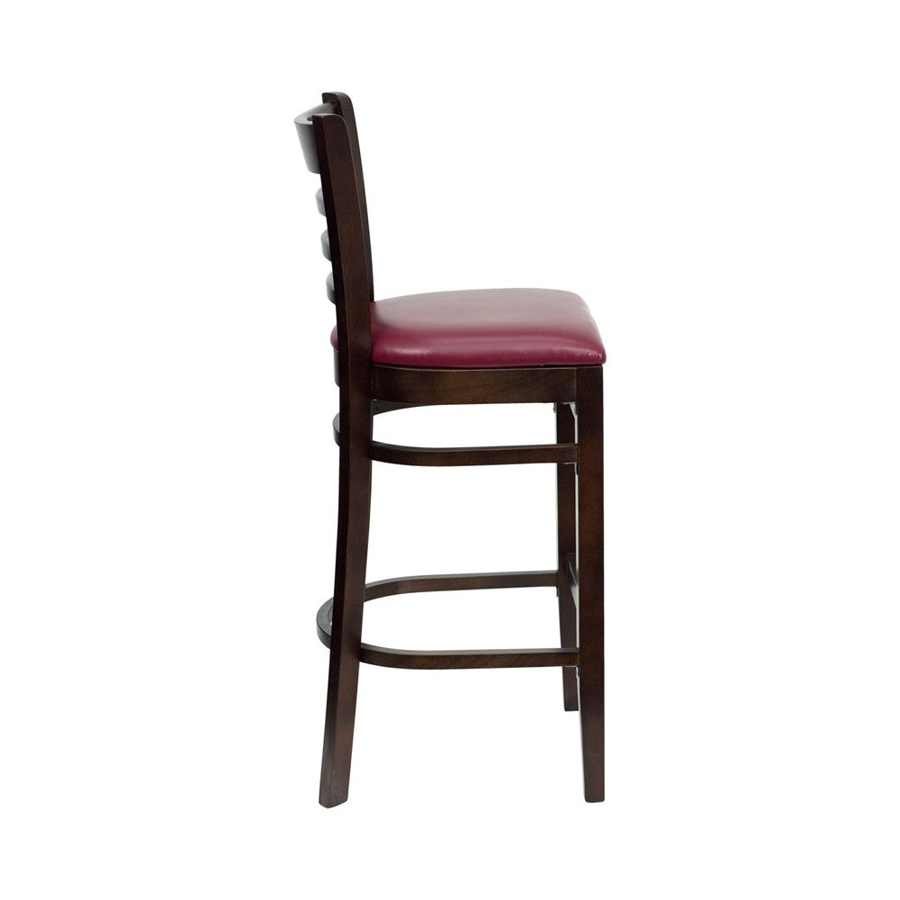 Ladder Back Walnut Wood Restaurant Barstool - Burgundy Vinyl Seat