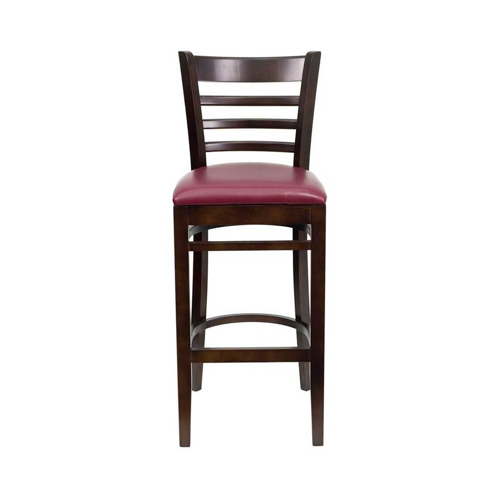 Ladder Back Walnut Wood Restaurant Barstool - Burgundy Vinyl Seat