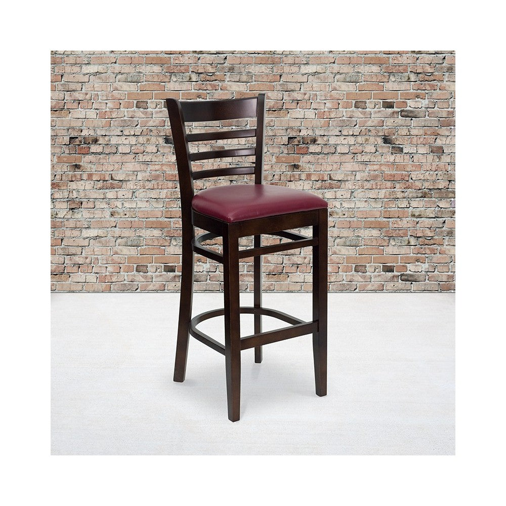 Ladder Back Walnut Wood Restaurant Barstool - Burgundy Vinyl Seat