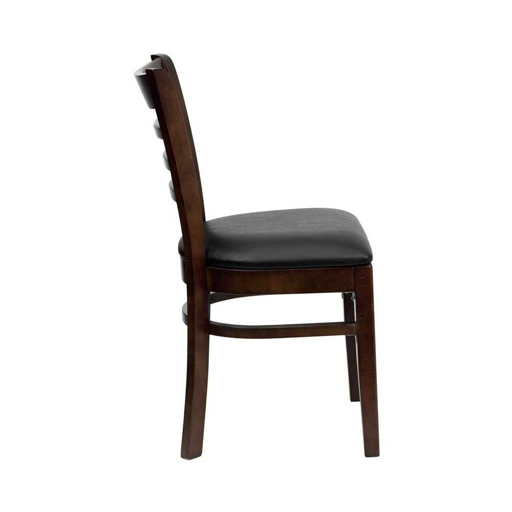 Ladder Back Walnut Wood Restaurant Chair - Black Vinyl Seat