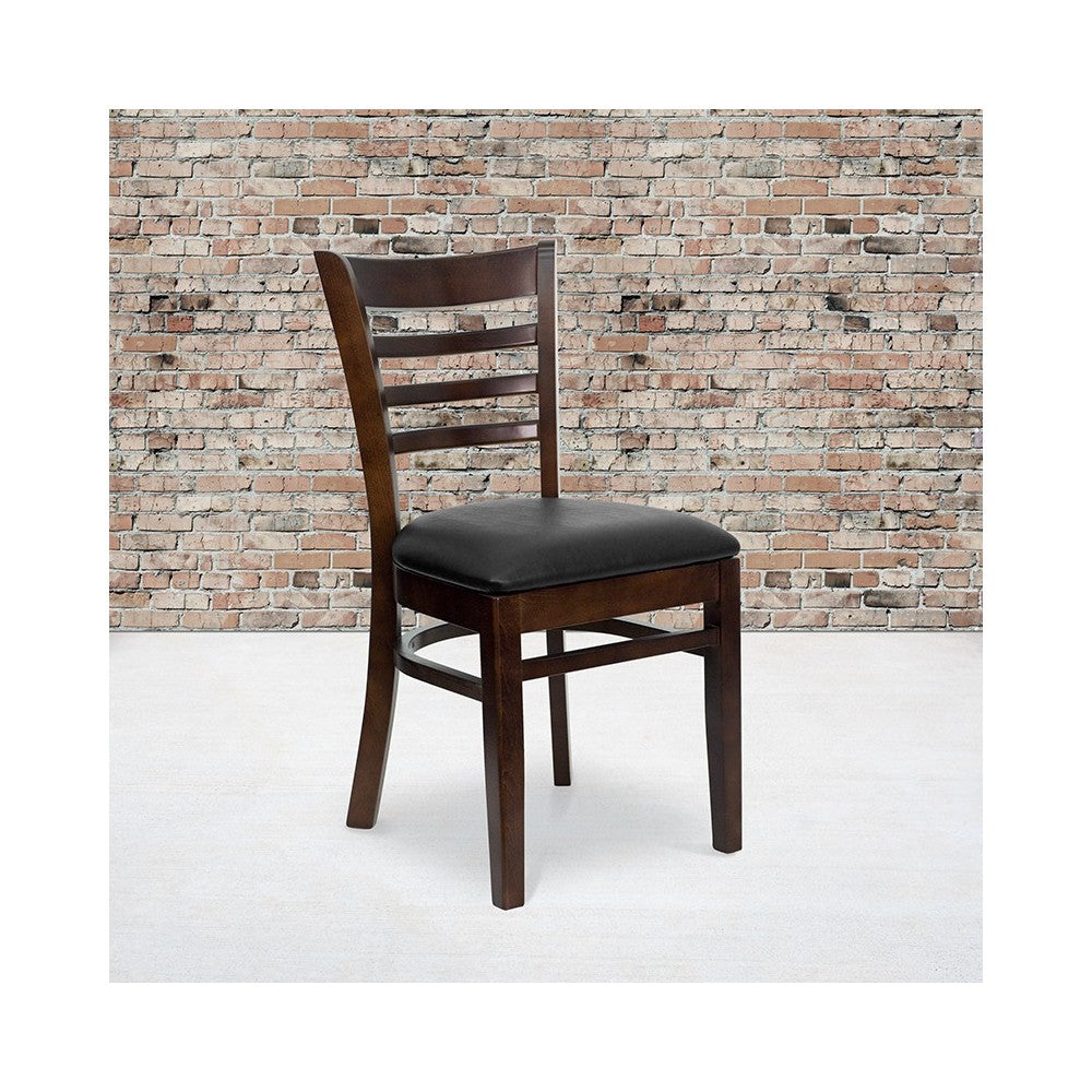 Ladder Back Walnut Wood Restaurant Chair - Black Vinyl Seat