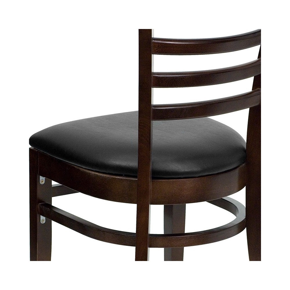 Ladder Back Walnut Wood Restaurant Chair - Black Vinyl Seat