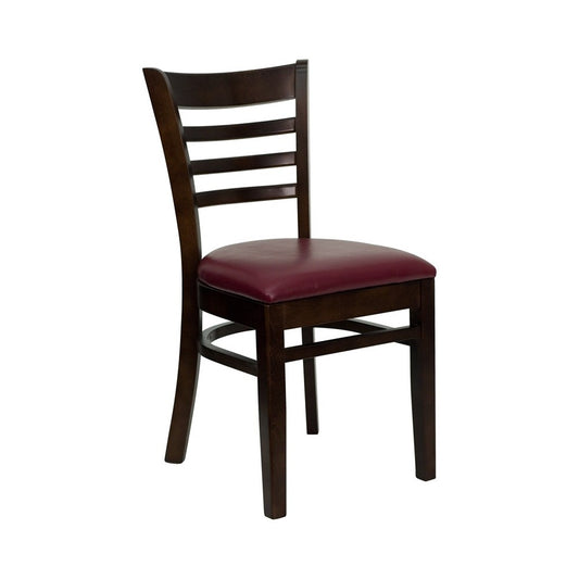 Ladder Back Walnut Wood Restaurant Chair - Burgundy Vinyl Seat