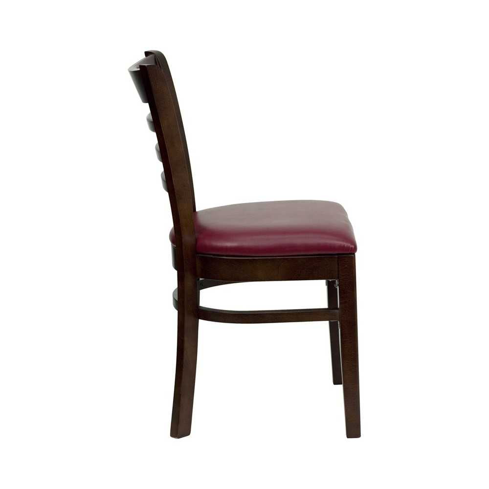 Ladder Back Walnut Wood Restaurant Chair - Burgundy Vinyl Seat