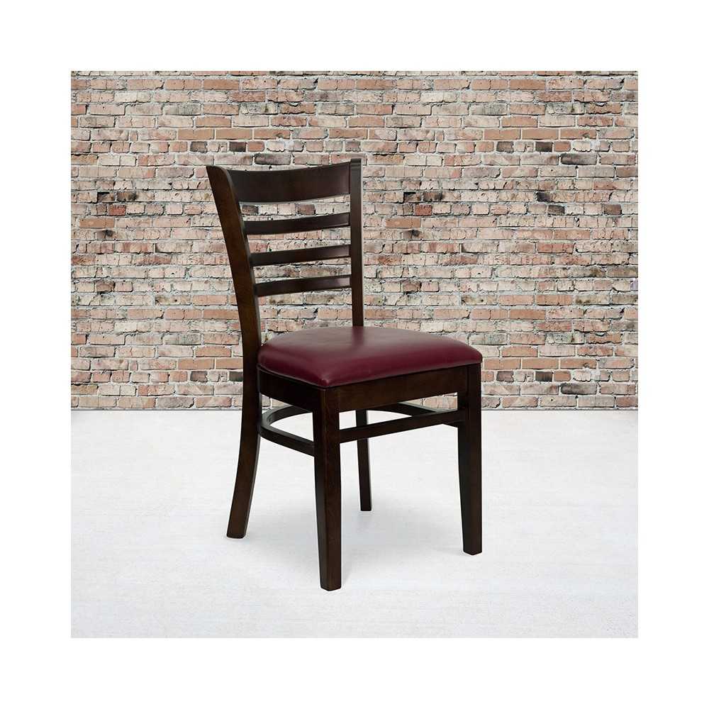 Ladder Back Walnut Wood Restaurant Chair - Burgundy Vinyl Seat