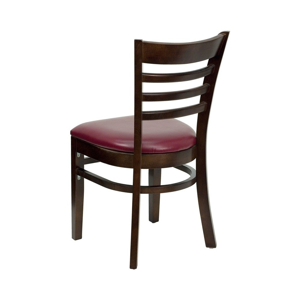 Ladder Back Walnut Wood Restaurant Chair - Burgundy Vinyl Seat