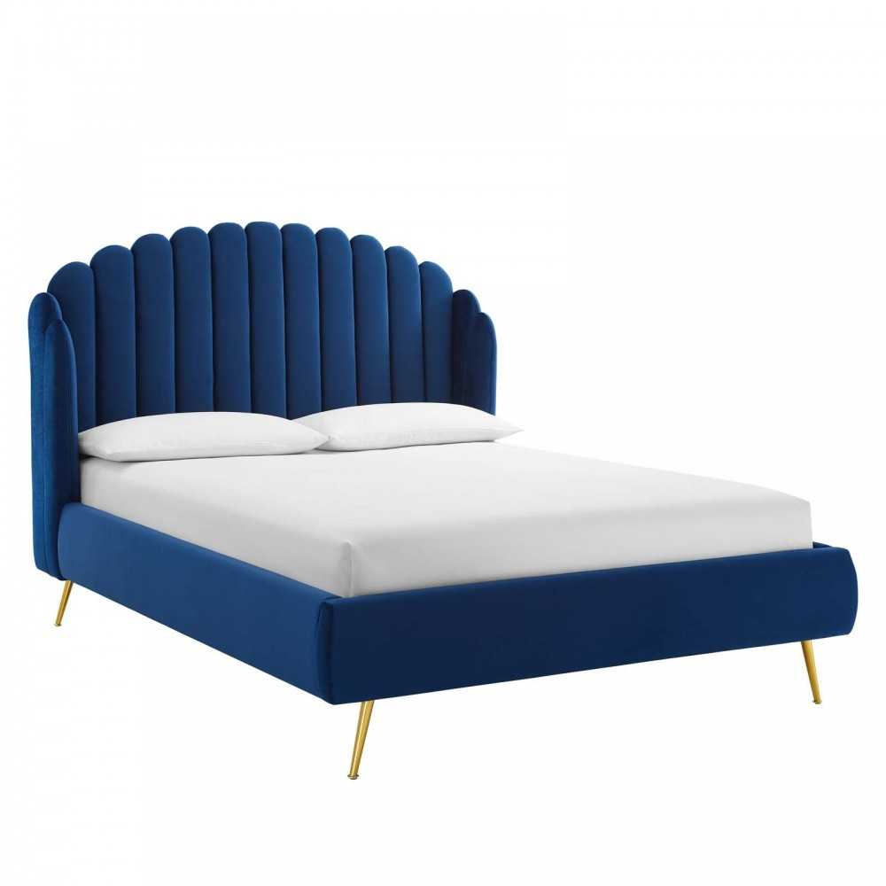 Lana Queen Performance Velvet Wingback Platform Bed, Navy