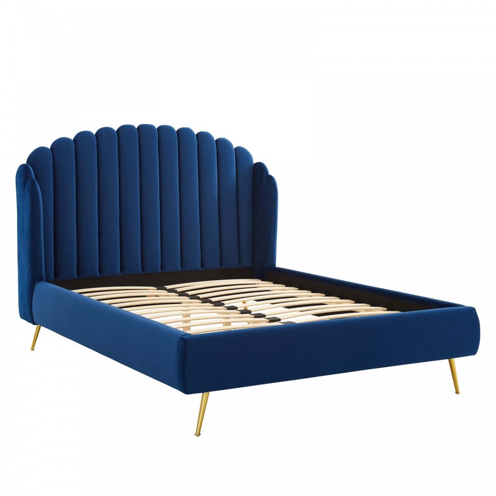 Lana Queen Performance Velvet Wingback Platform Bed, Navy