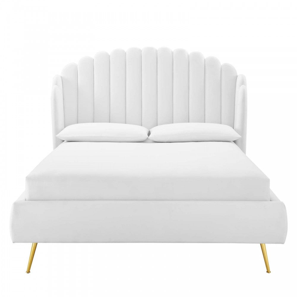 Lana Queen Performance Velvet Wingback Platform Bed, White