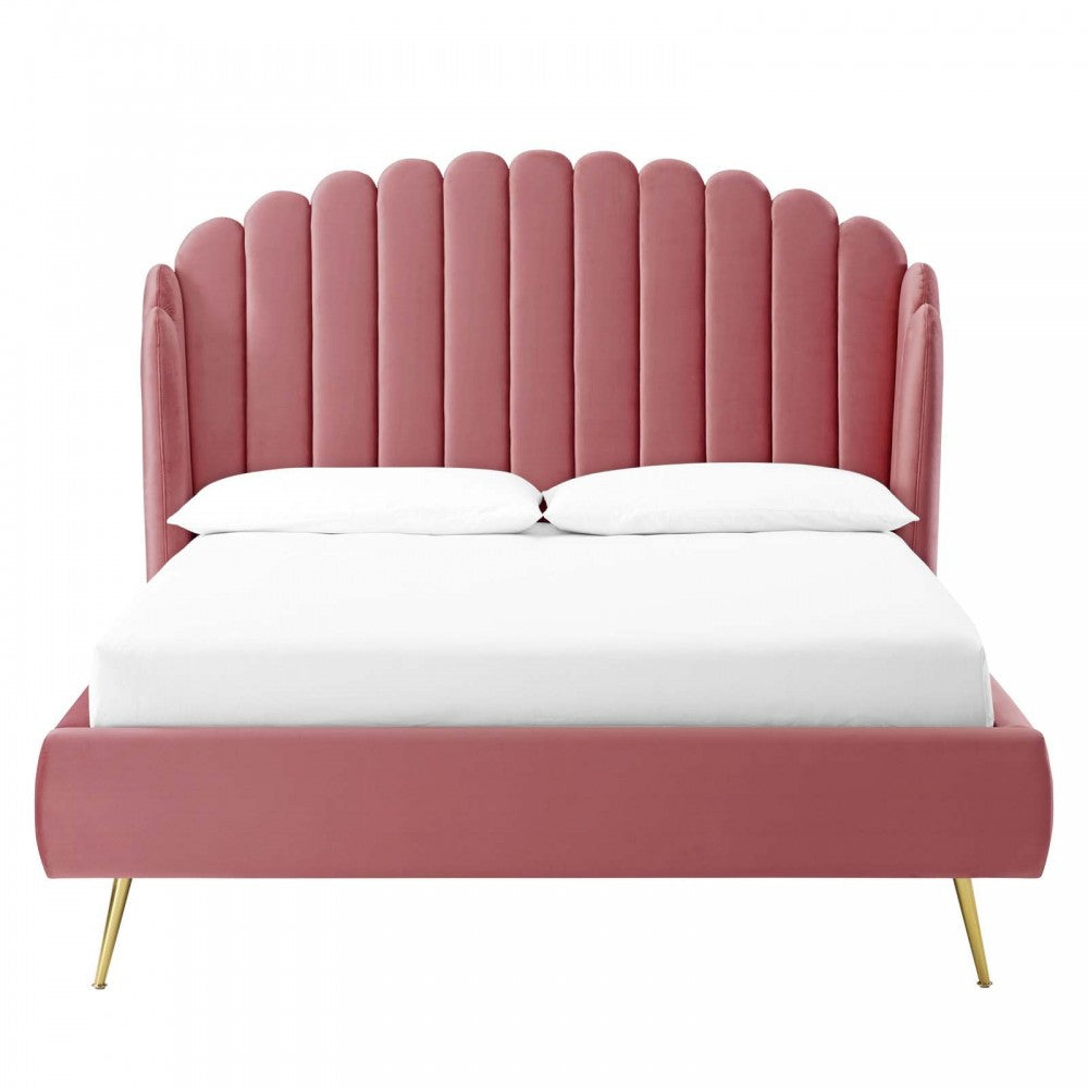 Lana Queen Performance Velvet Wingback Platform Bed, Dusty Rose