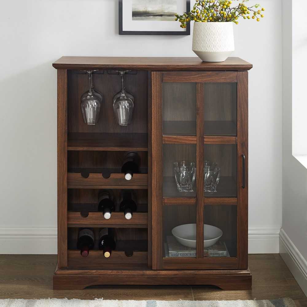 Lennon 36" Sliding Glass Door Bar Cabinet - Dark Walnut