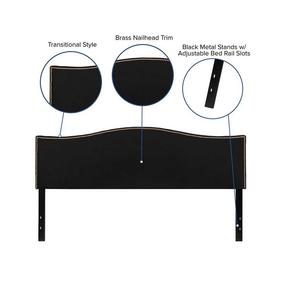 Lexington Upholstered King Size Headboard with Accent Nail Trim in Black Fabric