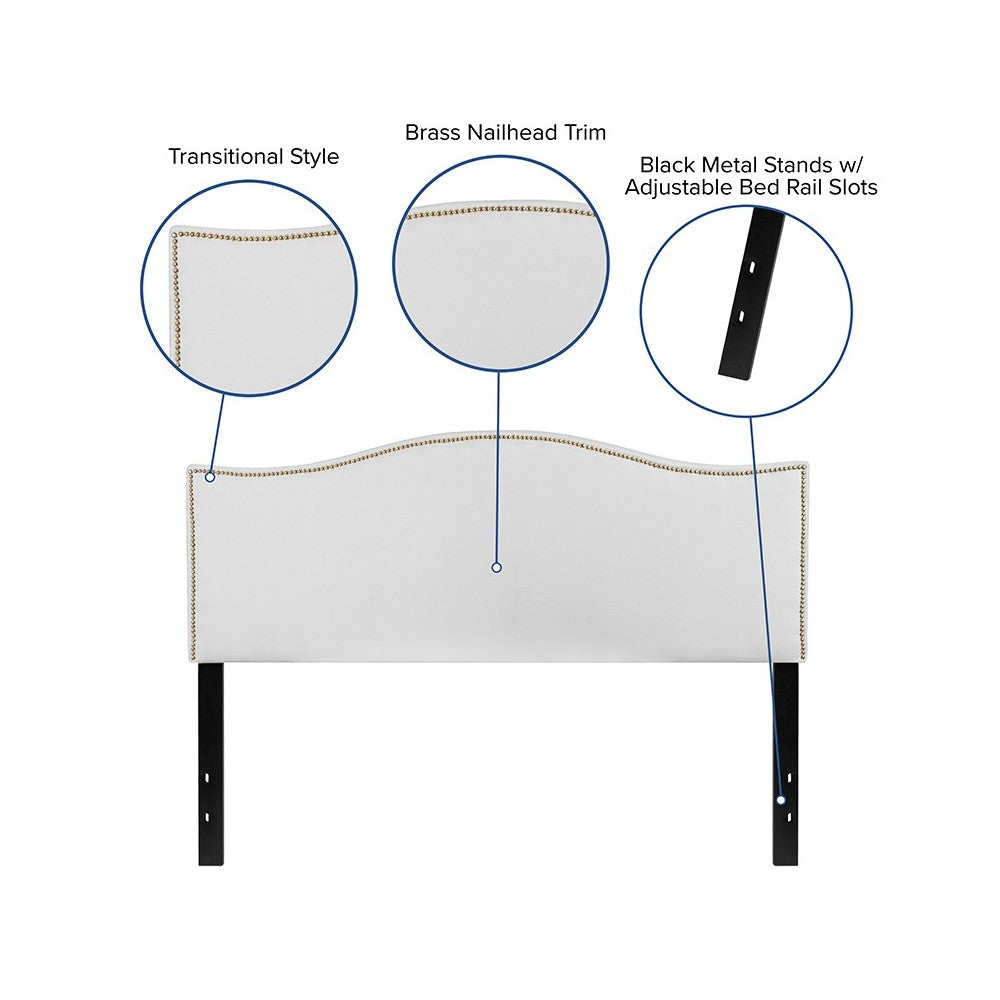 Lexington Upholstered Queen Size Headboard with Accent Nail Trim in White Fabric