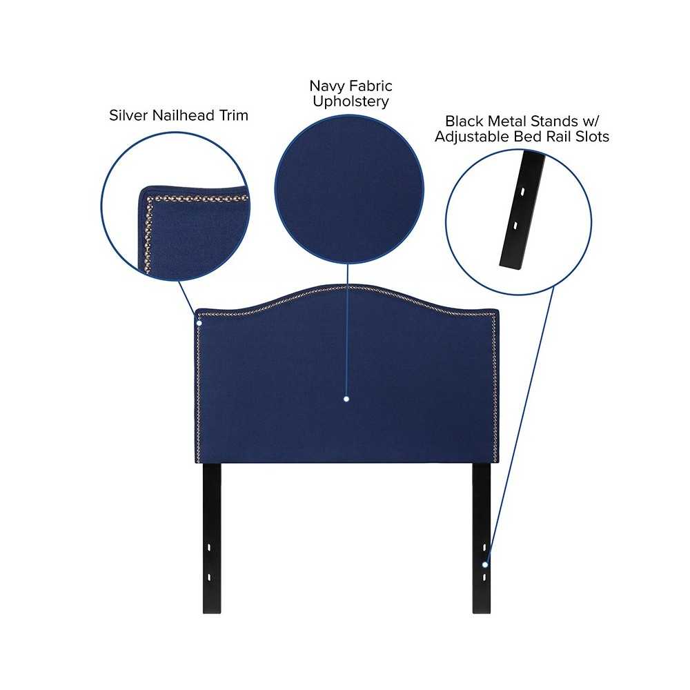 Lexington Upholstered Twin Size Headboard with Accent Nail Trim in Navy Fabric