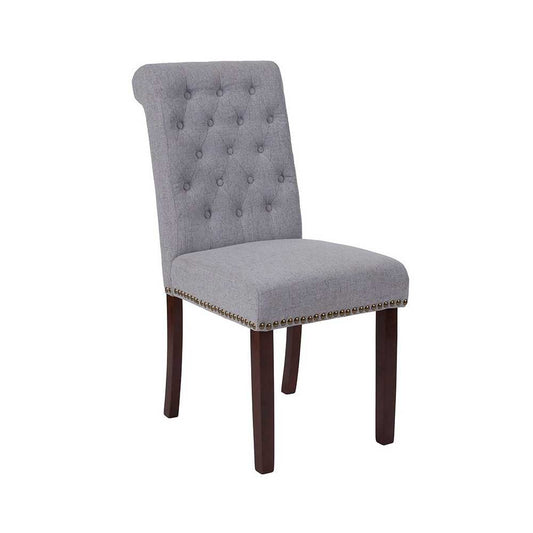 Light Gray Fabric Parsons Chair with Rolled Back, Accent Nail Trim and Walnut Finish