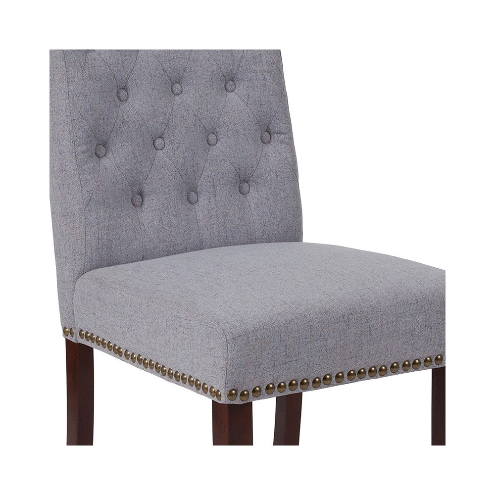 Light Gray Fabric Parsons Chair with Rolled Back, Accent Nail Trim and Walnut Finish