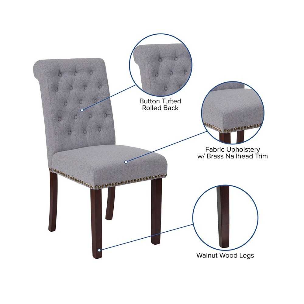 Light Gray Fabric Parsons Chair with Rolled Back, Accent Nail Trim and Walnut Finish