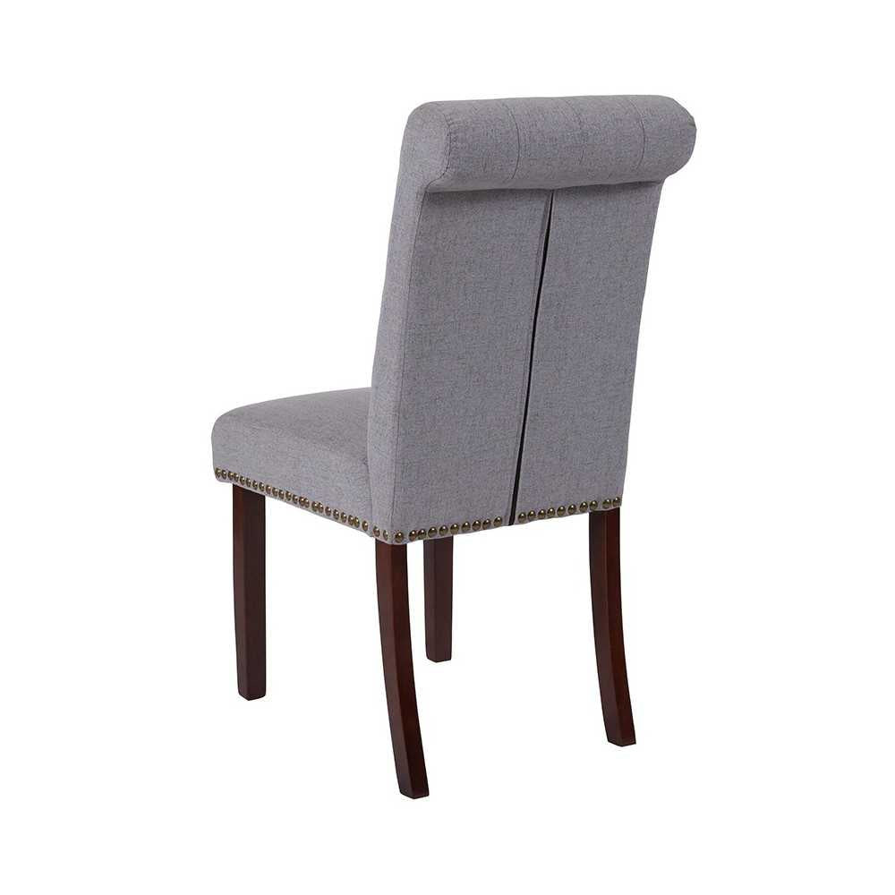 Light Gray Fabric Parsons Chair with Rolled Back, Accent Nail Trim and Walnut Finish