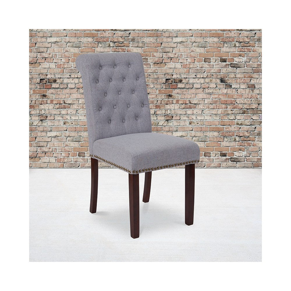 Light Gray Fabric Parsons Chair with Rolled Back, Accent Nail Trim and Walnut Finish