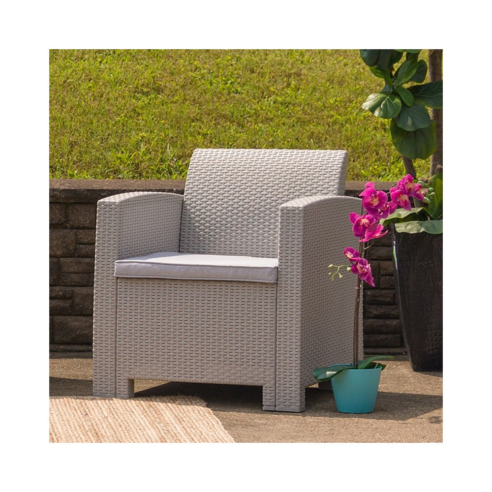 Light Gray Faux Rattan Chair with All-Weather Light Gray Cushion