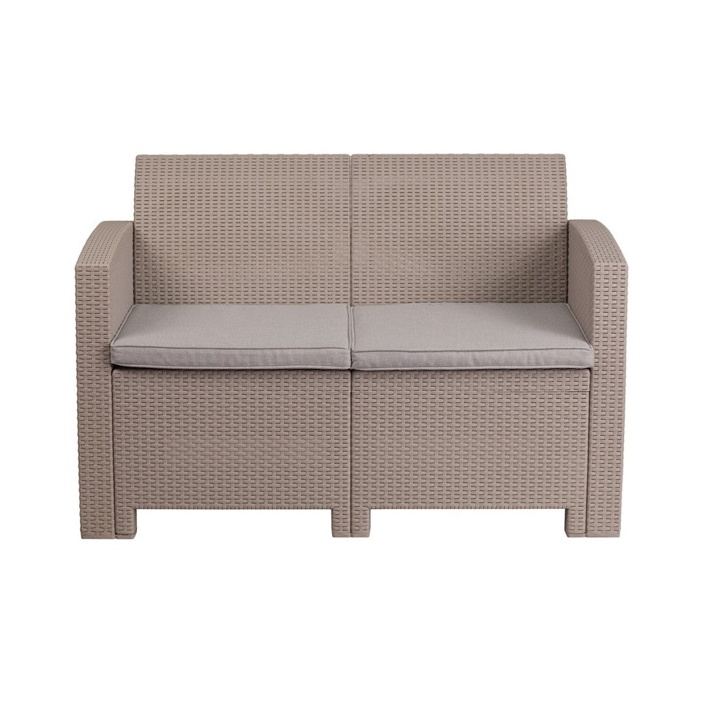 Light Gray Faux Rattan Loveseat with All-Weather Light Gray Cushions