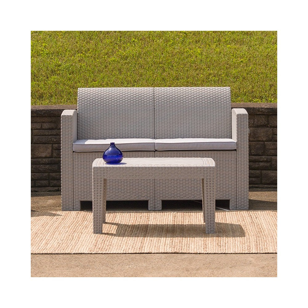 Light Gray Faux Rattan Loveseat with All-Weather Light Gray Cushions