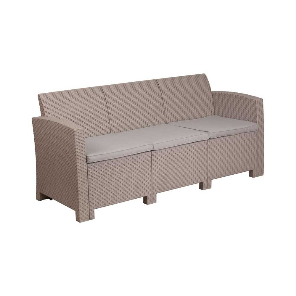 Light Gray Faux Rattan Sofa with All-Weather Light Gray Cushions