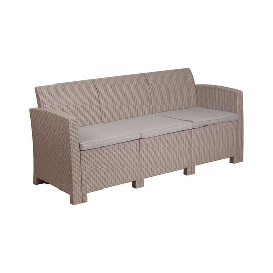 Light Gray Faux Rattan Sofa with All-Weather Light Gray Cushions