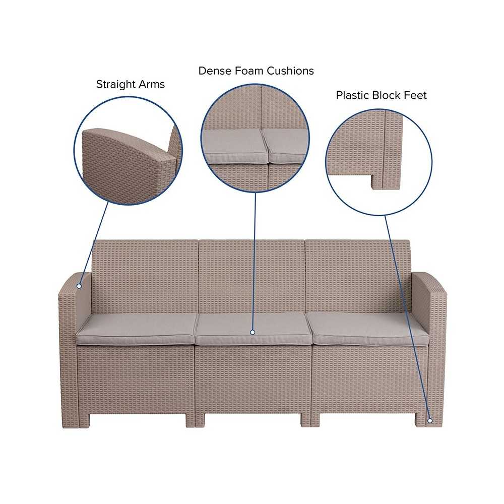 Light Gray Faux Rattan Sofa with All-Weather Light Gray Cushions