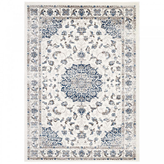 Lilja Distressed Vintage Persian Medallion 5x8 Area Rug, Ivory and Moroccan Blue