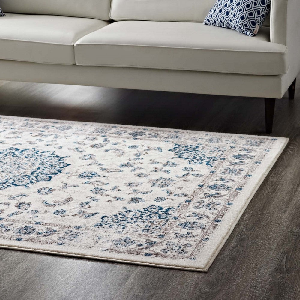 Lilja Distressed Vintage Persian Medallion 5x8 Area Rug, Ivory and Moroccan Blue