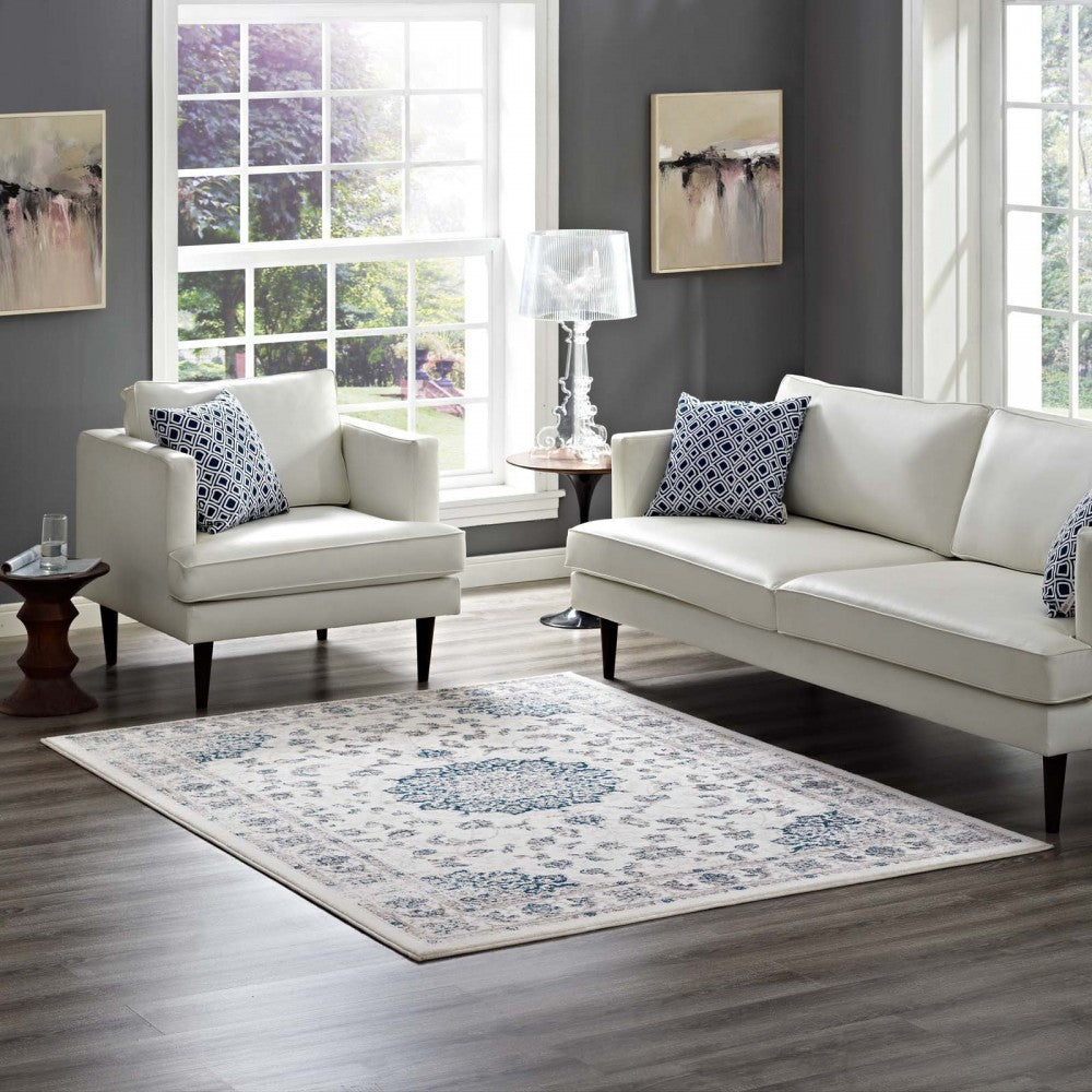 Lilja Distressed Vintage Persian Medallion 5x8 Area Rug, Ivory and Moroccan Blue