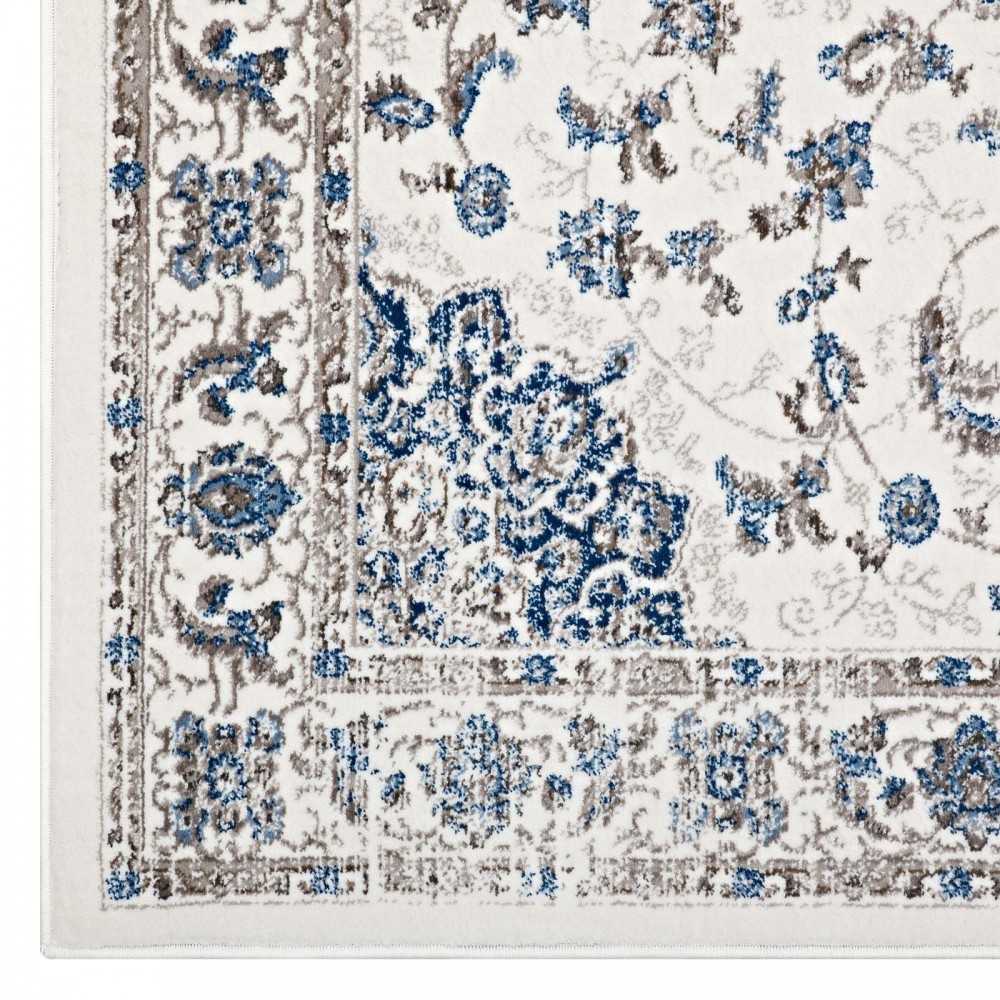 Lilja Distressed Vintage Persian Medallion 5x8 Area Rug, Ivory and Moroccan Blue