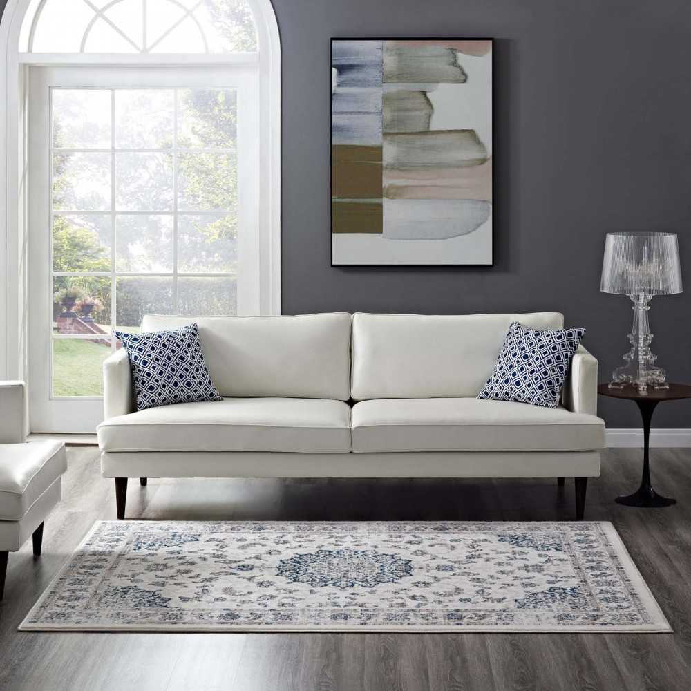 Lilja Distressed Vintage Persian Medallion 5x8 Area Rug, Ivory and Moroccan Blue